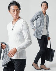 30代メンズ3点コーデセット 黒長袖カーディガン×白半袖Tシャツ×黒スリムチノパンツ