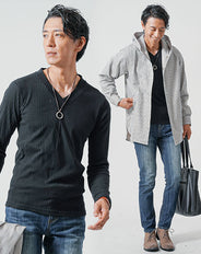 3点コーデセット ホワイト長袖シャツパーカー×黒長袖Tシャツ×スリムデニムパンツ