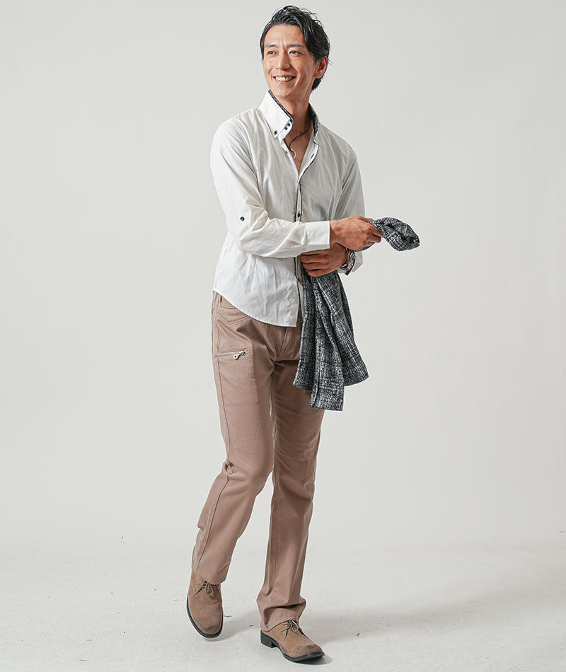 40代メンズ3点コーデセット　黒長袖テーラードジャケット×白長袖シャツ×ベージュブーツカットチノパンツ