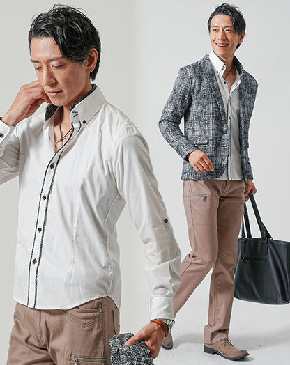 40代メンズ3点コーデセット　黒長袖テーラードジャケット×白長袖シャツ×ベージュブーツカットチノパンツ