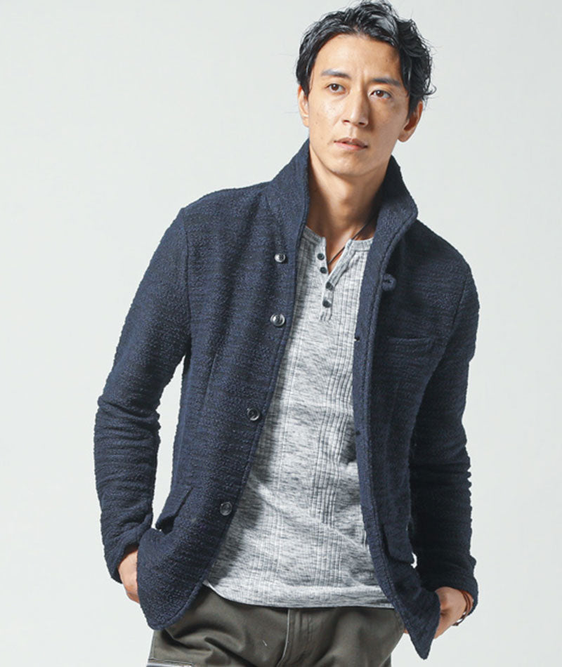 30代メンズ3点コーデセット ネイビー長袖スタンドカラージャケット×黒