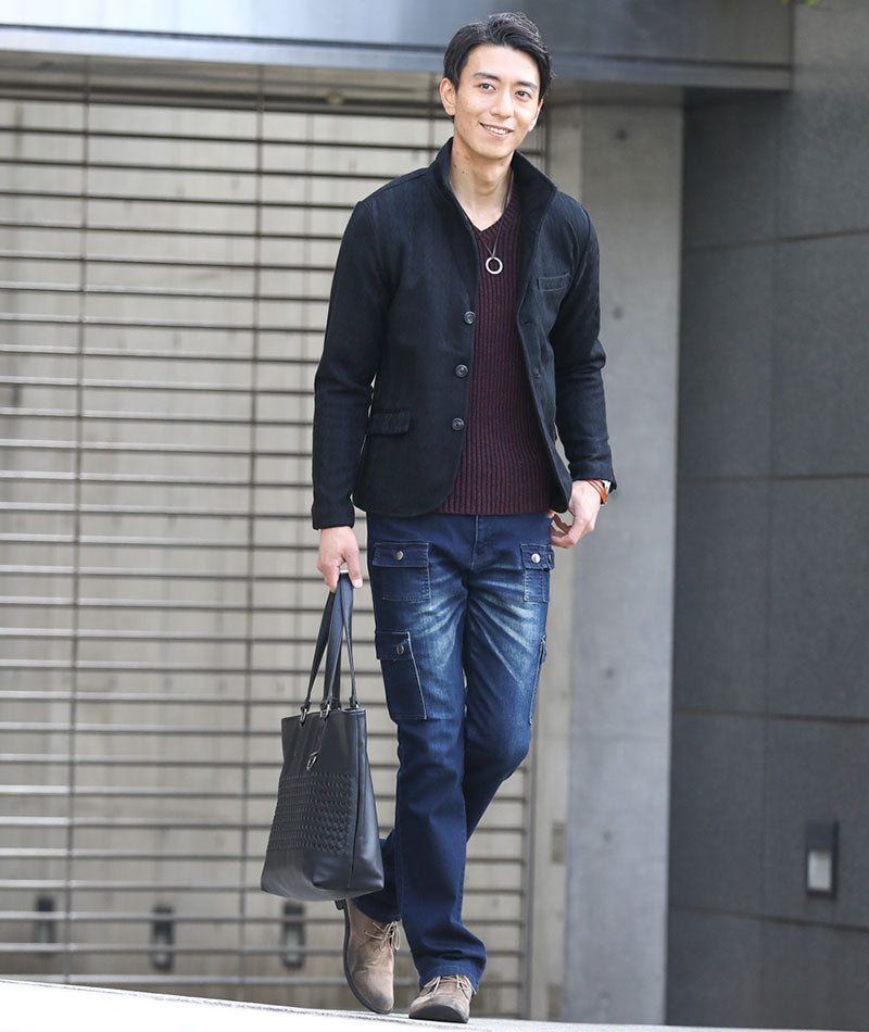 30代メンズ3点コーデセット　ネイビー長袖スタンドカラージャケット×ワイン長袖ニットTシャツ×スリムデニムカーゴパンツ