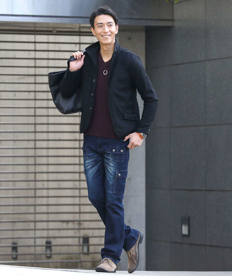 30代メンズ3点コーデセット　ネイビー長袖スタンドカラージャケット×ワイン長袖ニットTシャツ×スリムデニムカーゴパンツ