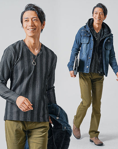30代メンズ3点コーデセット　インディゴ長袖デニムジャケット×黒長袖Tシャツ×カーキブーツカットチノパンツ