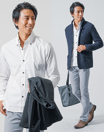 30代メンズ3点コーデセット　ネイビー長袖スタンドカラージャケット×白長袖日本製シャツ×グレーブーツカットチノパンツ