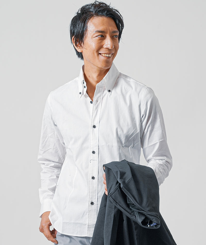 40代メンズ3点コーデセット　黒長袖テーラードジャケット×白長袖日本製シャツ×グレースリムチノパンツ