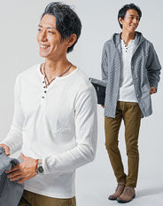 3点コーデセット ネイビー長袖シャツパーカー×白長袖Tシャツ×オリーブスリムチノパンツ