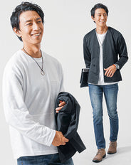 30代メンズ3点コーデセット 黒長袖ノーカラージャケット×白長袖Tシャツ×スリムデニムパンツ