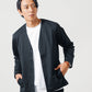 30代メンズ3点コーデセット　黒長袖ノーカラージャケット×白長袖Tシャツ×黒ストレッチイージーパンツ