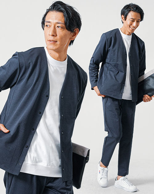 30代メンズ3点コーデセット　ネイビー長袖ノーカラージャケット×白長袖Tシャツ×ネイビーストレッチイージーパンツ