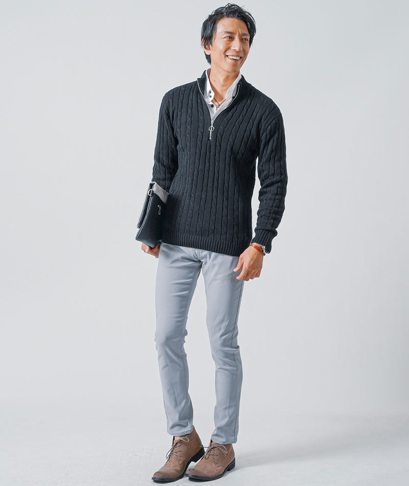 40代メンズ3点コーデセット　黒長袖ニットアウター×白長袖シャツ×グレースリムチノパンツ
