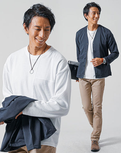 30代メンズ3点コーデセット　ネイビー長袖ノーカラージャケット×白長袖Tシャツ×ベージュスリムチノパンツ