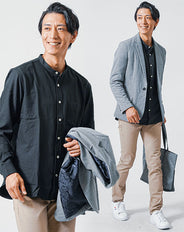 3点コーデセット　グレー長袖テーラードジャケット×黒長袖日本製シャツ×ベージュスリムチノパンツ
