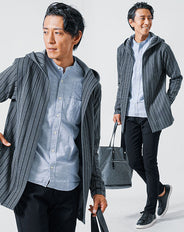 3点コーデセット グレー長袖フーディガン×ブルー長袖日本製シャツ×ベ黒スリムチノパン