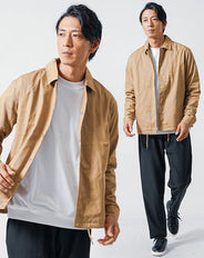 30代メンズ3点コーデセット　ベージュ長袖コーチジャケット×白長袖Tシャツ×黒ワイドパンツ