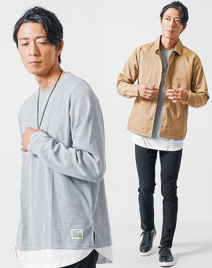 30代メンズ3点コーデセット　ベージュ長袖コーチジャケット×グレー長袖Tシャツ×黒スリムチノパンツ