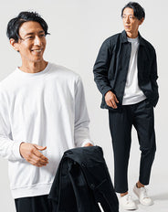 30代メンズ3点コーデセット　黒長袖カバーオールジャケット×白長袖シャツ×黒スリムイージーパンツ
