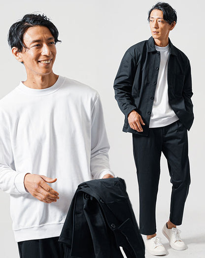 30代メンズ3点コーデセット　黒長袖カバーオールジャケット×白長袖シャツ×黒スリムイージーパンツ