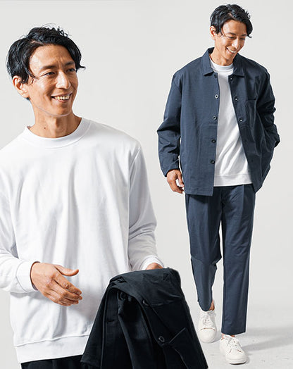 30代メンズ3点コーデセット　ネイビー長袖カバーオールジャケット×白長袖Tシャツ×ネイビーストレッイージーパンツ