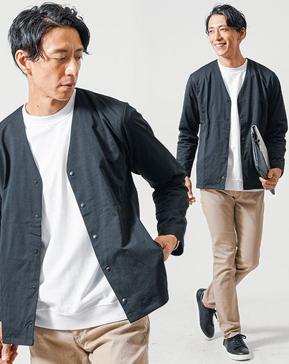 30代メンズ3点コーデセット　黒長袖ノーカラージャケット×白長袖Tシャツ×ベージュスリムチノパンツ