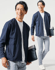 3点コーデセット ネイビー長袖ノーカラージャケット×白長袖Tシャツ×グレースリムチノパンツ