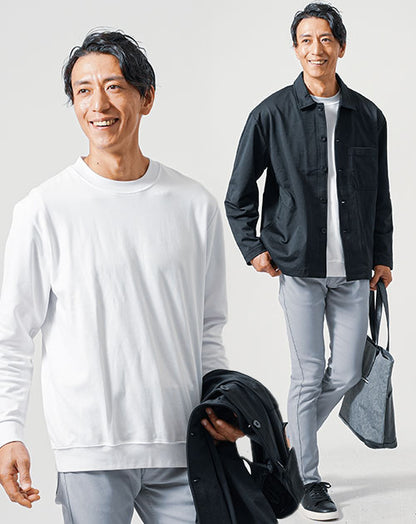 30代メンズ3点コーデセット　黒長袖カバーオールジャケット×白長袖Tシャツ×グレースリムチノパンツ