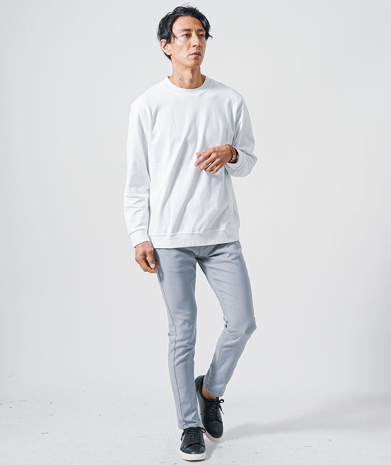 30代メンズ3点コーデセット　ネイビーノーカラージャケット×白長袖Tシャツ×グレースリムチノパンツ