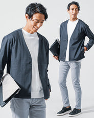 3点コーデセット ネイビーノーカラージャケット×白長袖Tシャツ×グレースリムチノパンツ