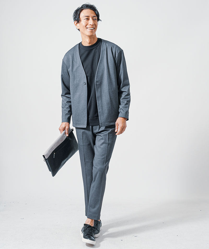 30代メンズ3点コーデセット　グレー長袖ノーカラージャケット×黒長袖Tシャツ×グレースリムスラックスパンツ