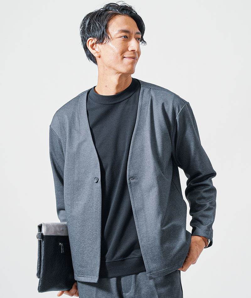 30代メンズ3点コーデセット　グレー長袖ノーカラージャケット×黒長袖Tシャツ×グレースリムスラックスパンツ