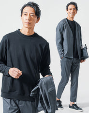 3点コーデセット グレー長袖ノーカラージャケット×黒長袖Tシャツ×グレースリムスラックスパンツ