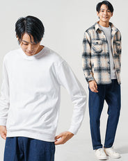 30代メンズ3点コーデセット　黒長袖シャツジャケット×白長袖Tシャツ×ワイドデニムパンツ