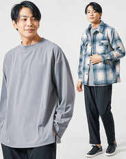 30代メンズ3点コーデセット　ブルー長袖シャツジャケット×グレー長袖Tシャツ×黒ワイドイージーパンツ