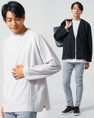 30代メンズ3点コーデセット　黒長袖ノーカラージャケット×白長袖モックネックTシャツ×グレースリムチノパンツ