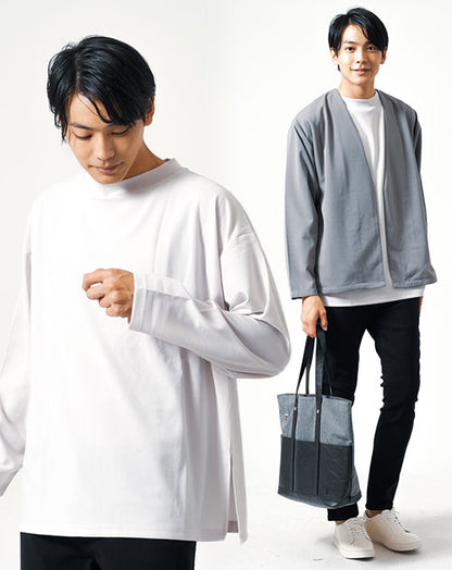30代メンズ3点コーデセット　グレー長袖ノーカラージャケット×白長袖モックネックTシャツ×黒スリムチノパンツ