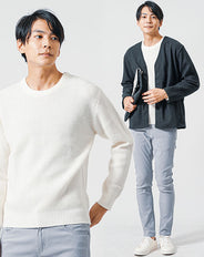 30代メンズ3点コーデセット　ネイビー長袖ノーカラージャケット×白長袖ニットTシャツ×グレースリムチノパンツ