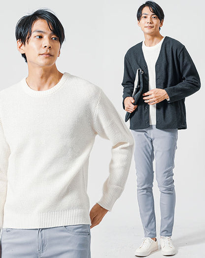 30代メンズ3点コーデセット　ネイビー長袖ノーカラージャケット×白長袖ニットTシャツ×グレースリムチノパンツ