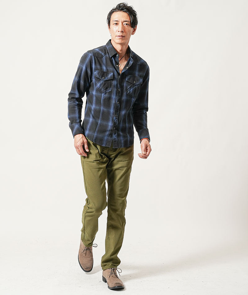 40代メンズ3点コーデセット　キャメル中綿ジャケット×ブルー長袖チェックシャツ×オリーブスリムチノパンツ