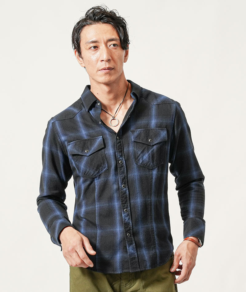 40代メンズ3点コーデセット　キャメル中綿ジャケット×ブルー長袖チェックシャツ×オリーブスリムチノパンツ