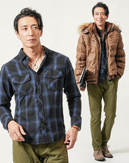 冬の3点コーデセット キャメル中綿ジャケット×ブルー長袖チェックシャツ×オリーブスリムチノパンツ