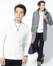 3点コーデセット グレンチェックロングコート×白長袖ニットTシャツ×黒スリムチノパンツ