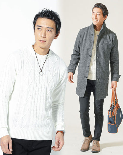40代メンズ3点コーデセット　グレンチェックロングコート×白長袖ニットTシャツ×黒スリムチノパンツ