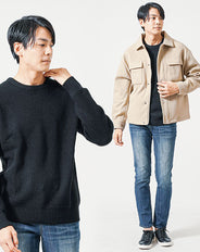 30代メンズ冬の3点コーデセット　ベージュブルゾンジャケット×黒長袖ニットTシャツ×ネイビーデニムパンツ