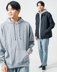 30代メンズ冬の3点コーデセット　黒コーチジャケット×グレー長袖パーカー×ブリーチワイドデニムパンツ