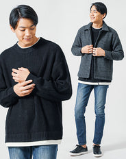 30代メンズ冬の3点コーデセット　グレンチェックコーチジャケット×黒長袖ニットTシャツ×ネイビースリムデニムパンツ