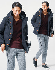 30代メンズ冬の3点コーデセット ネイビーダウンジャケット×ワイン長袖Tシャツ×グレースリムジョガーパンツ