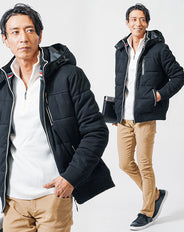 30代メンズ冬の3点コーデセット 黒中綿ジャケット×白ハーフジップニット×ベージュスリムチノパンツ