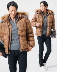 冬の3点コーデセット　キャメル中綿ジャケット×グレーハーフジップニット×黒スリムチノパンツ