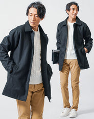冬の3点コーデセット　黒セミロングコート×白長袖ニットTシャツ×ベージュスリムチノパンツ