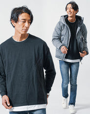 30代メンズ冬の3点コーデセット　グレーダウンジャケット×黒長袖Tシャツ×ネイビースリムデニムパンツ